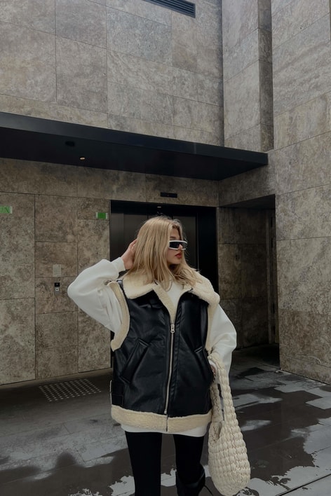 İçi Kürklü Deri Yelek Siyah