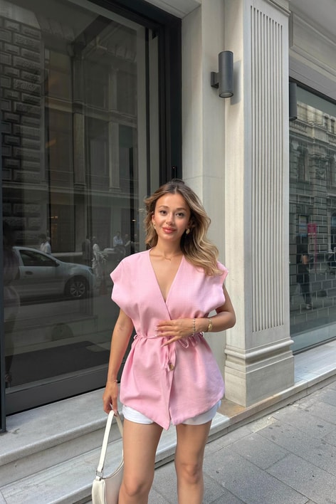 İp Kemerli Keten Yelek Pembe