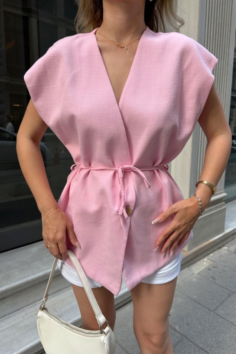 İp Kemerli Keten Yelek Pembe