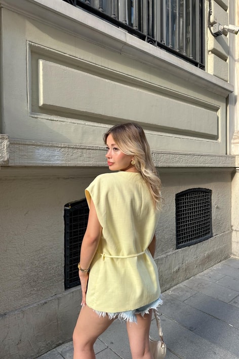 İp Kemerli Keten Yelek Sarı