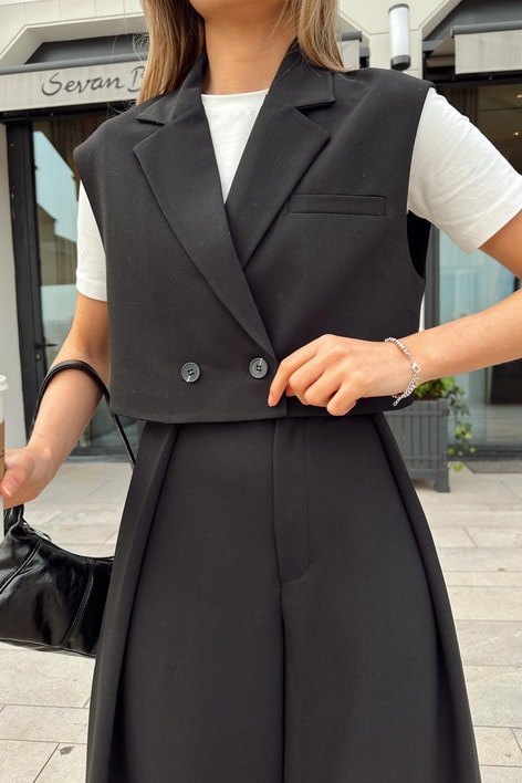 Kruvaze Crop Yelek Siyah