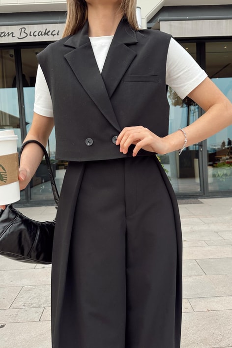 Kruvaze Crop Yelek Siyah