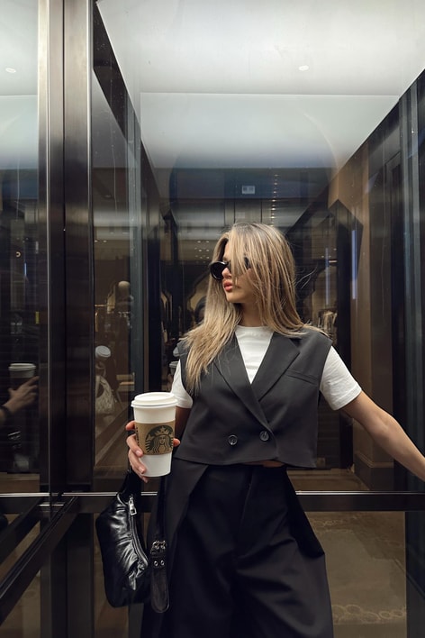 Kruvaze Crop Yelek Siyah