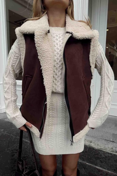 Kürklü Süet Yelek Koyu Kahve