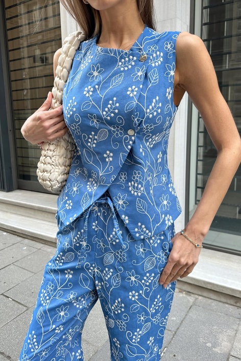 Nakışlı Blue Yelek Mavi
