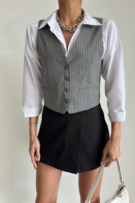 Önü Düğmeli Çizgili Yelek Gri