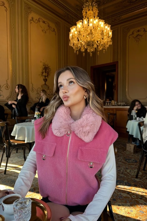 Premium Kürk Yaka Kısa Yelek Pembe
