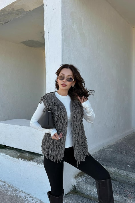 Püsküllü Yelek Vizon