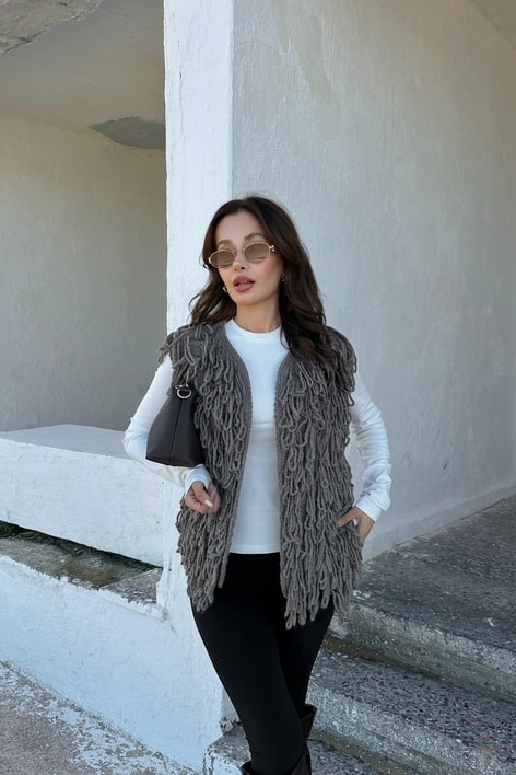 Püsküllü Yelek Vizon