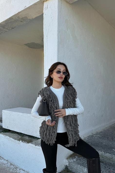 Püsküllü Yelek Vizon