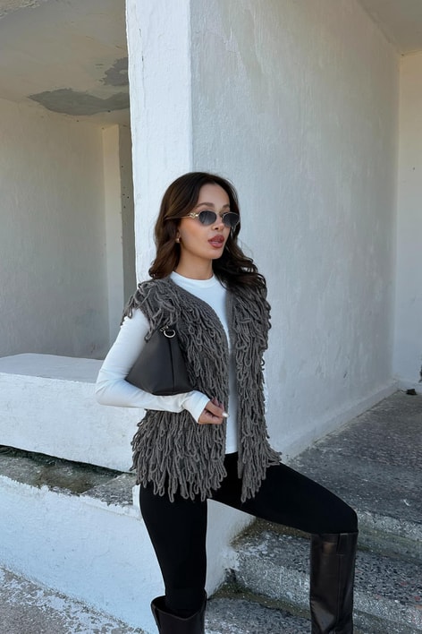 Püsküllü Yelek Vizon