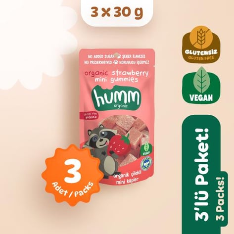 Organik Glutensiz Vegan Çilekli Mini Küpler Atıştırmalık Paketi 3 adet görseli.