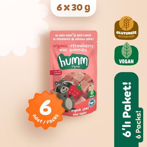Organik Glutensiz Vegan Çilekli Mini Küpler Atıştırmalık Paketi 6 adet görseli.