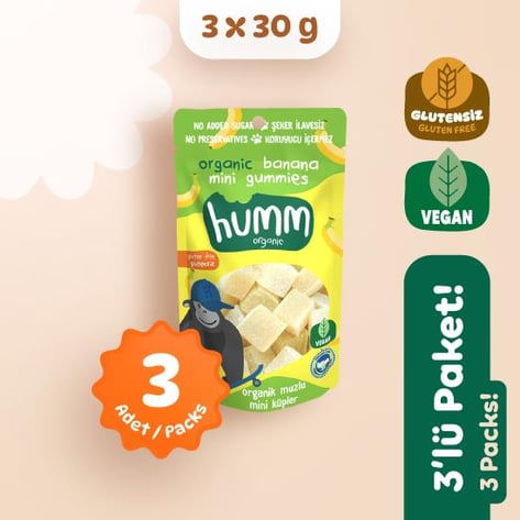 Organik Glutensiz Vegan Muzlu Mini Küpler Atıştırmalık Paketi 3 adet görseli.