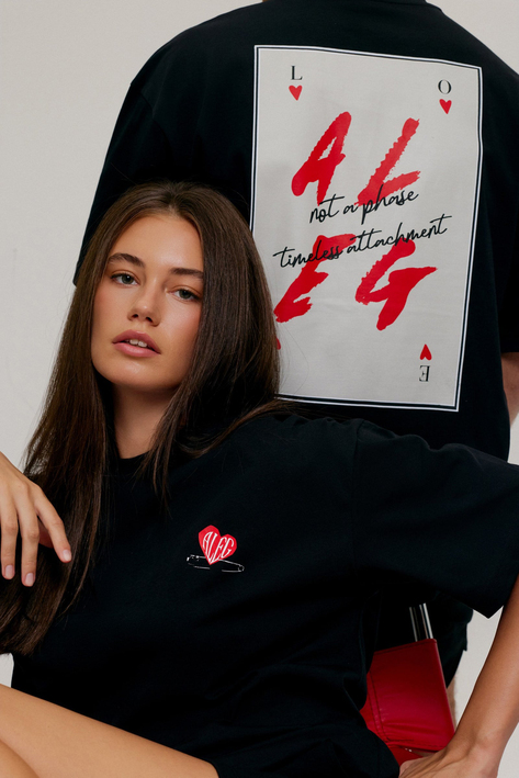 Kart Baskılı Siyah Oversize T-Shirt 123