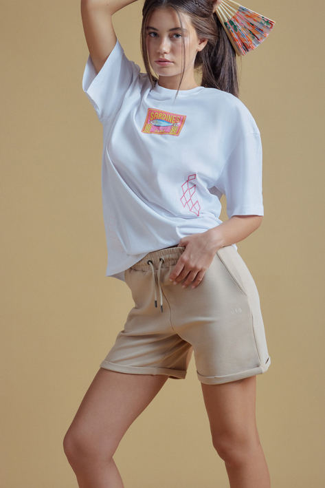 Sardalya Baskılı Ekru Oversize T-Shirt 04