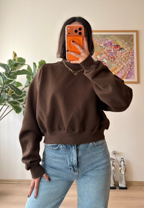 3 İplik Bisiklet Yaka Crop Sweatshirt Kahve