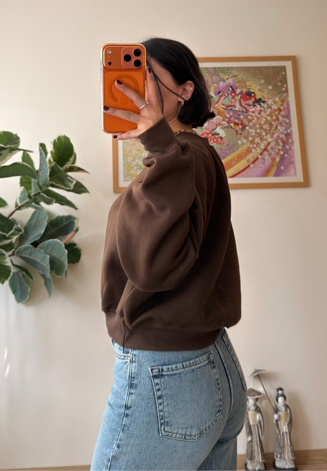 3 İplik Bisiklet Yaka Crop Sweatshirt Kahve