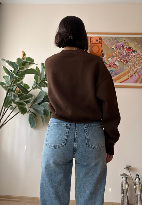 3 İplik Bisiklet Yaka Crop Sweatshirt Kahve