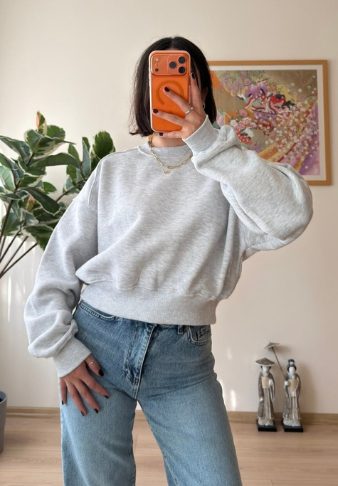 3 İplik Bisiklet Yaka Crop Sweatshirt Gri
