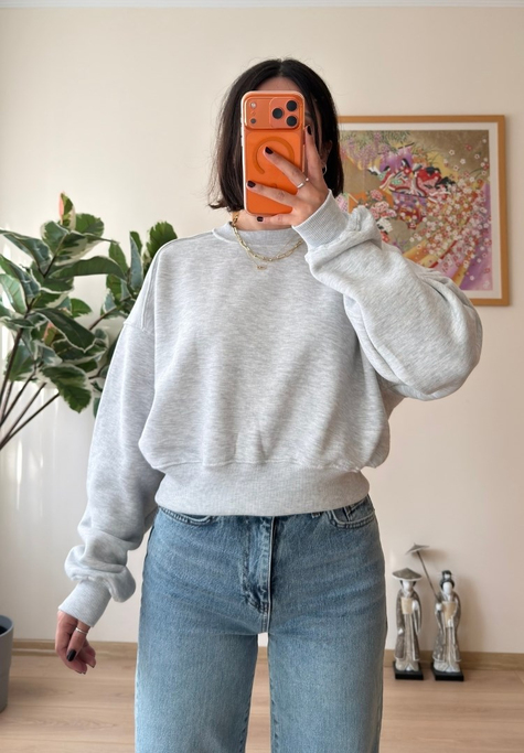 3 İplik Bisiklet Yaka Crop Sweatshirt Gri