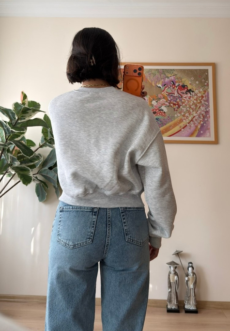 3 İplik Bisiklet Yaka Crop Sweatshirt Gri