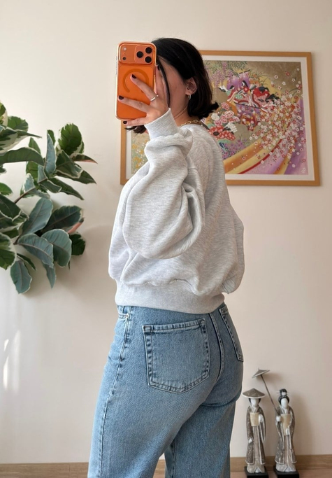 3 İplik Bisiklet Yaka Crop Sweatshirt Gri