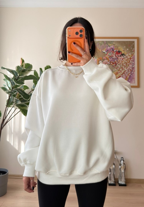 3 İplik Bisiklet Yaka Oversize Sweatshirt Beyaz