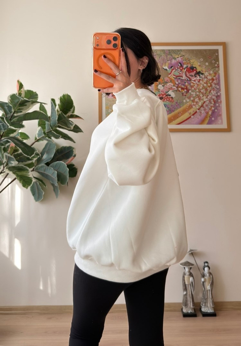 3 İplik Bisiklet Yaka Oversize Sweatshirt Beyaz