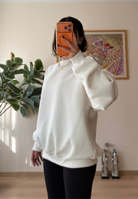 3 İplik Bisiklet Yaka Oversize Sweatshirt Beyaz