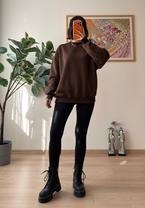 3 İplik Bisiklet Yaka Oversize Sweatshirt Kahve