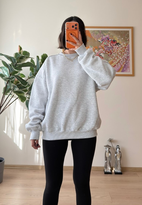 3 İplik Bisiklet Yaka Oversize Sweatshirt Gri