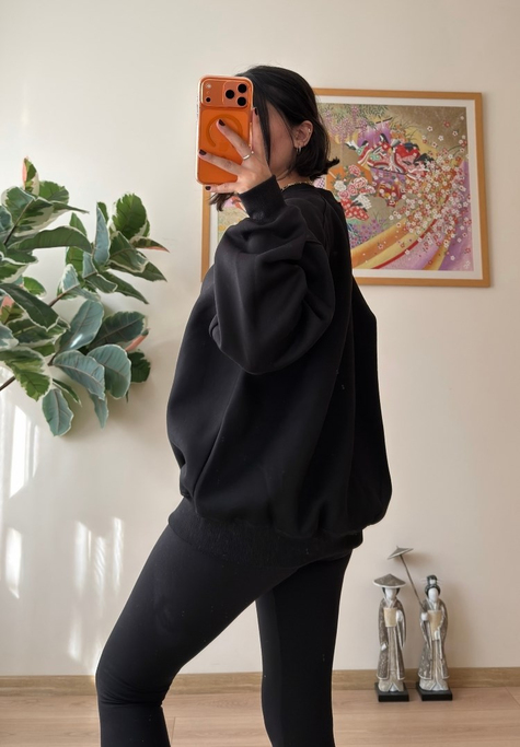 3 İplik Bisiklet Yaka Oversize Sweatshirt Siyah