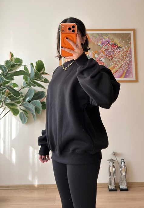3 İplik Bisiklet Yaka Oversize Sweatshirt Siyah