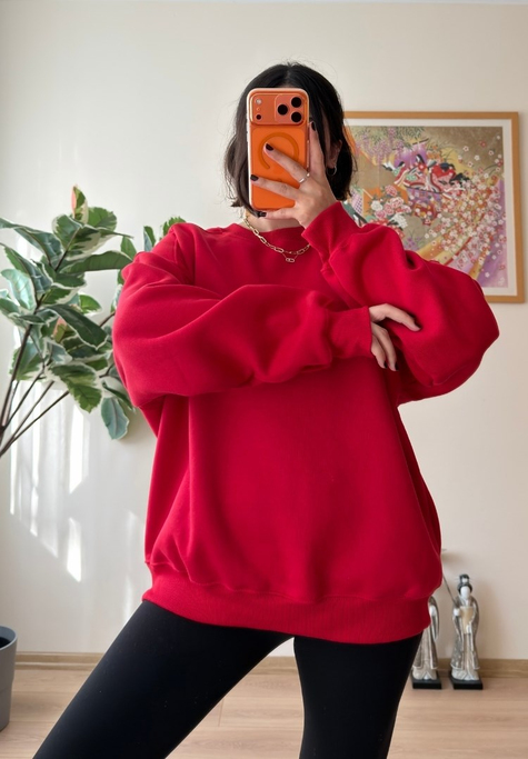 3 İplik Bisiklet Yaka Oversize Sweatshirt Kırmızı