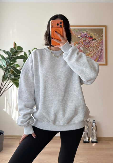 3 İplik Bisiklet Yaka Oversize Sweatshirt Gri
