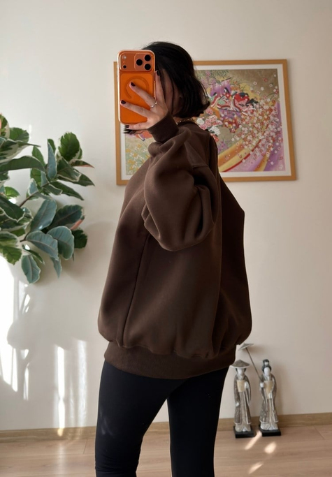 3 İplik Bisiklet Yaka Oversize Sweatshirt Kahve