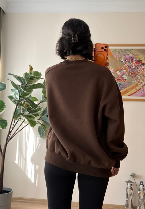 3 İplik Bisiklet Yaka Oversize Sweatshirt Kahve
