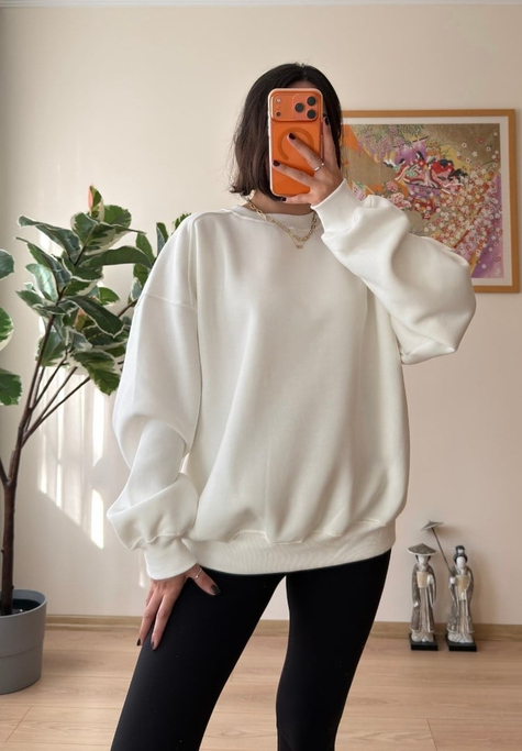 3 İplik Bisiklet Yaka Oversize Sweatshirt Beyaz