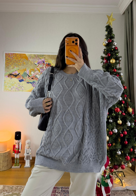 Alisa Desenli Uzun Triko Kazak Gri