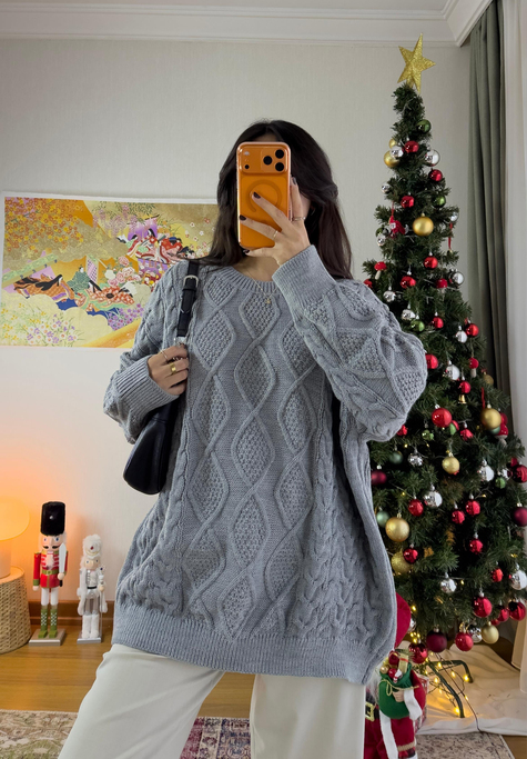 Alisa Desenli Uzun Triko Kazak Gri