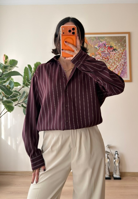 Asami Çizgili Oversize Gömlek Bordo