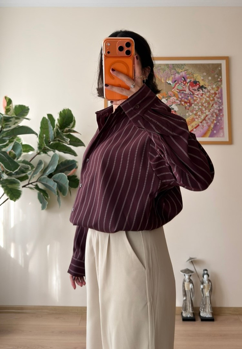 Asami Çizgili Oversize Gömlek Bordo