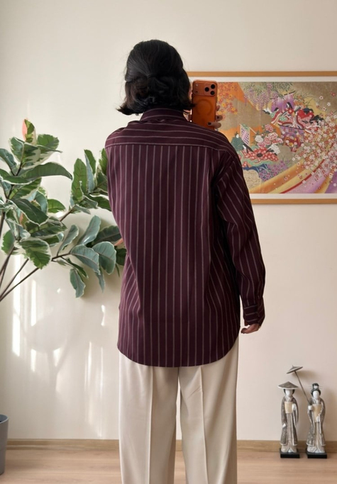 Asami Çizgili Oversize Gömlek Bordo
