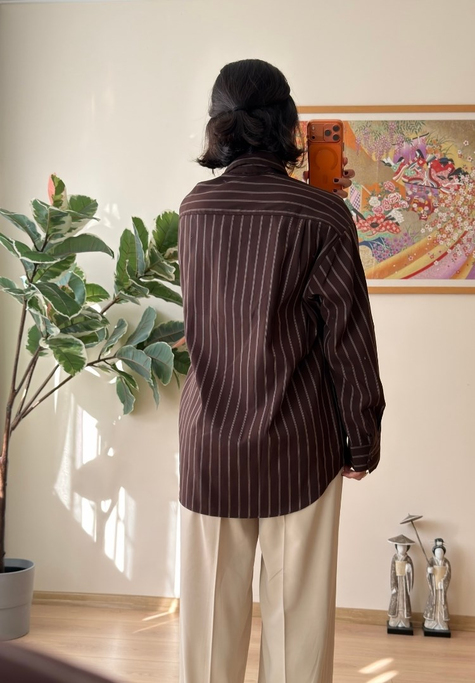 Asami Çizgili Oversize Gömlek Kahve
