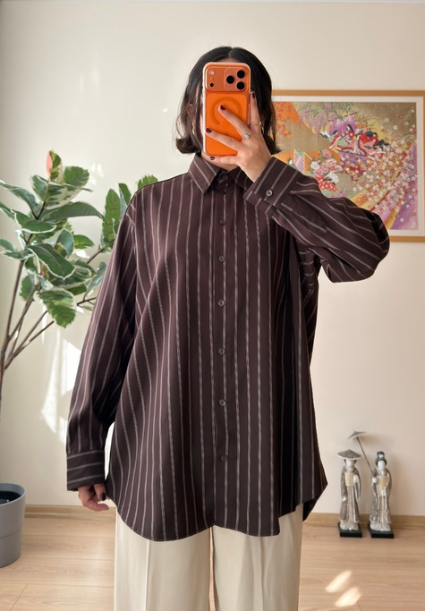 Asami Çizgili Oversize Gömlek Kahve