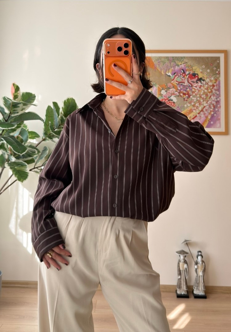 Asami Çizgili Oversize Gömlek Kahve