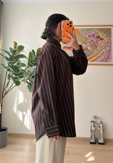 Asami Çizgili Oversize Gömlek Kahve