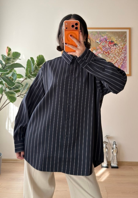 Asami Çizgili Oversize Gömlek Lacivert