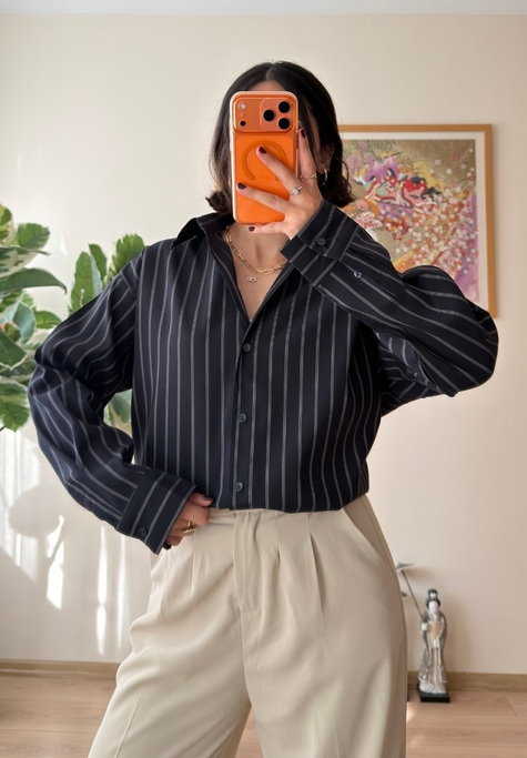 Asami Çizgili Oversize Gömlek Lacivert